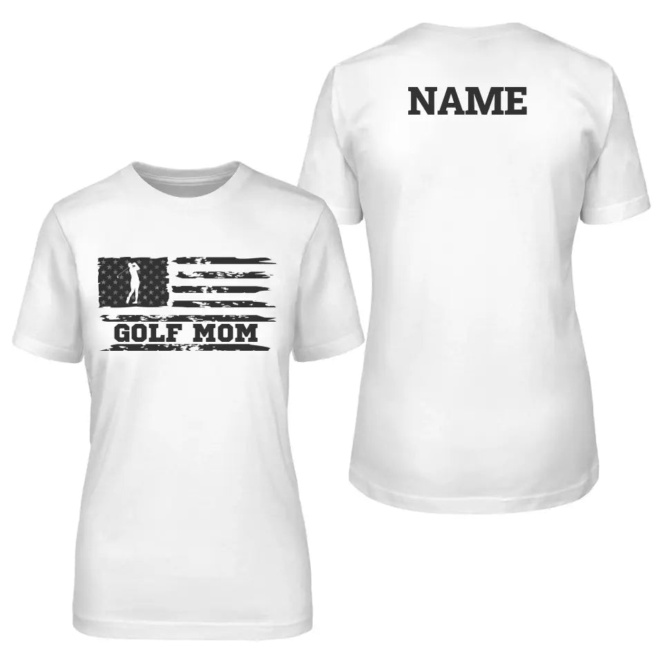 golf mom horizontal flag with golfer name on a unisex t-shirt with a black graphic