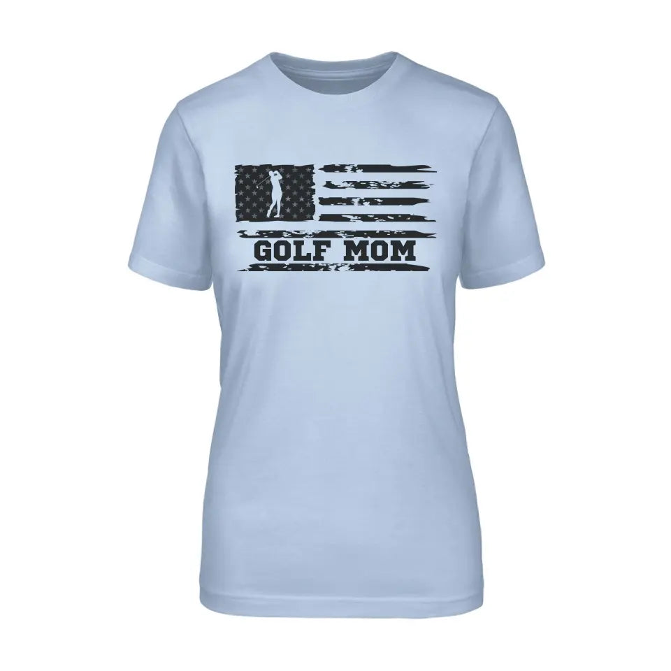 golf mom horizontal flag on a unisex t-shirt with a black graphic