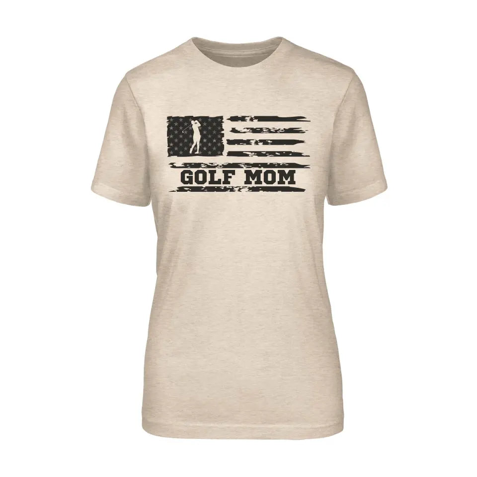 golf mom horizontal flag on a unisex t-shirt with a black graphic