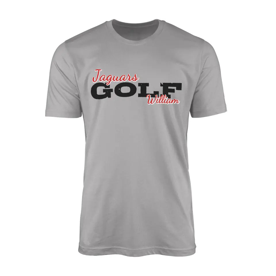 custom golf mascot and golfer name on a mens t-shirt with a black graphic