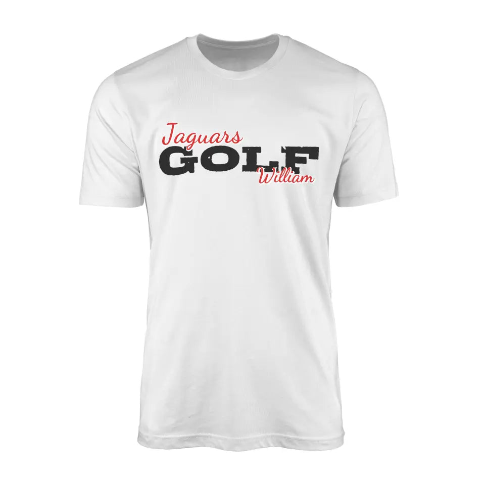 custom golf mascot and golfer name on a mens t-shirt with a black graphic