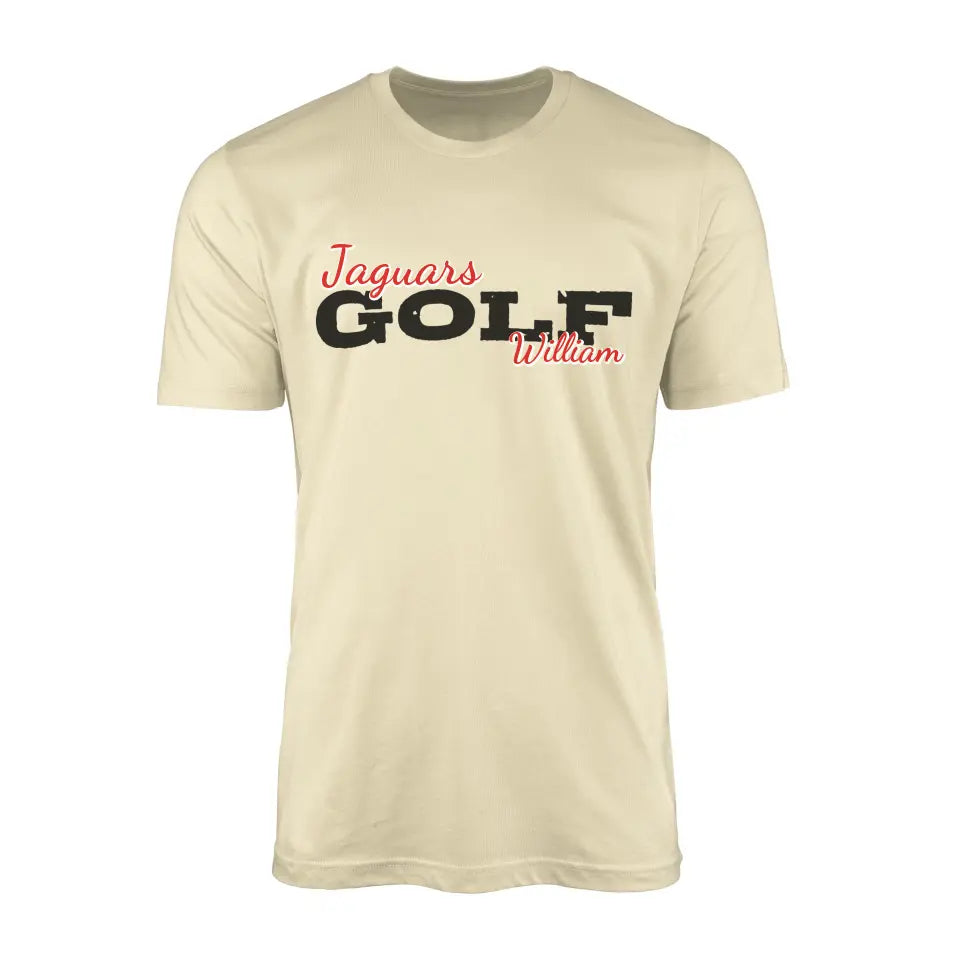 custom golf mascot and golfer name on a mens t-shirt with a black graphic