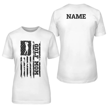 golf mom vertical flag with golfer name on a unisex t-shirt with a black graphic