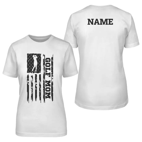 golf mom vertical flag with golfer name on a unisex t-shirt with a black graphic