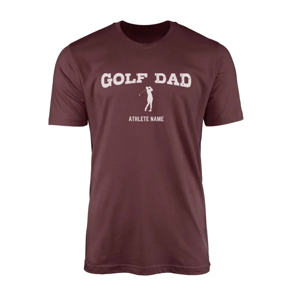 golf dad with golfer icon and golfer name on a mens t-shirt with a white graphic