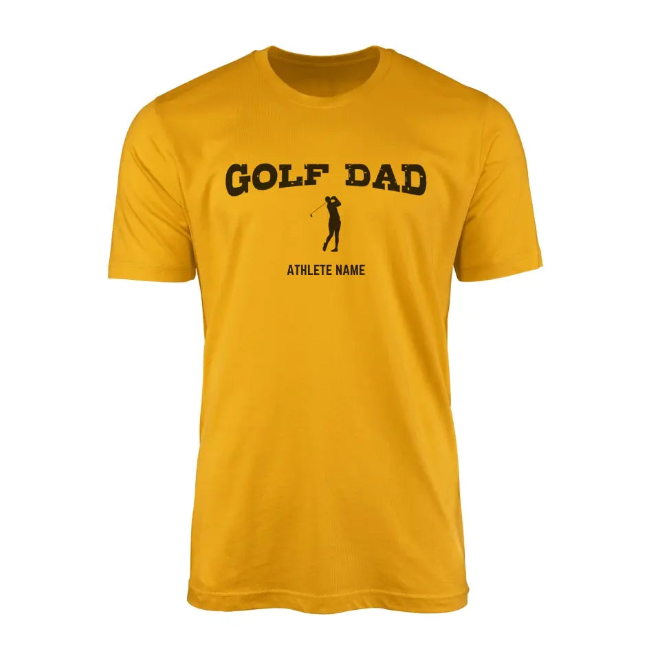 golf dad with golfer icon and golfer name on a mens t-shirt with a black graphic