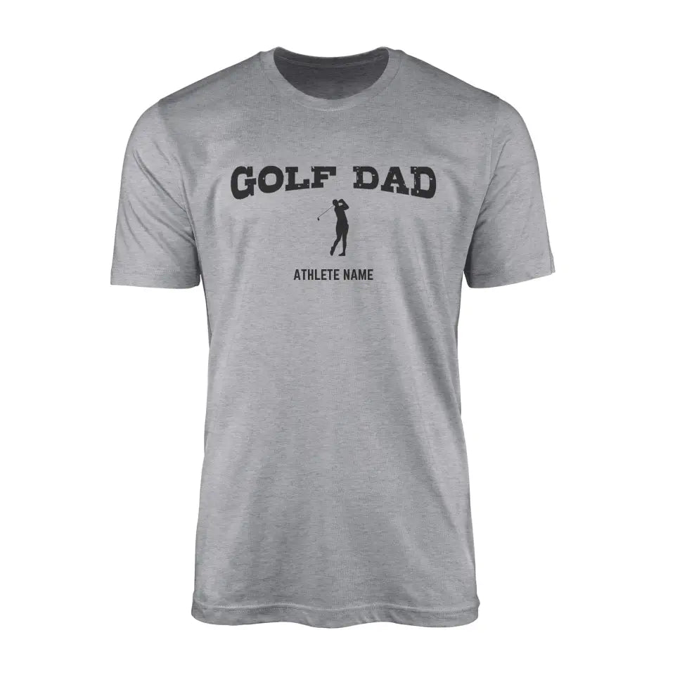 golf dad with golfer icon and golfer name on a mens t-shirt with a black graphic