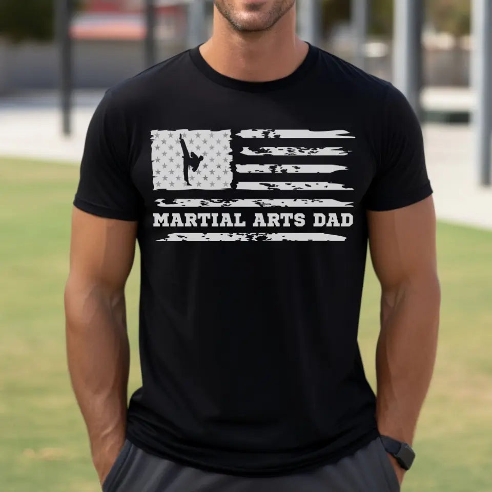 martial arts dad horizontal flag on a mens t-shirt with a white graphic