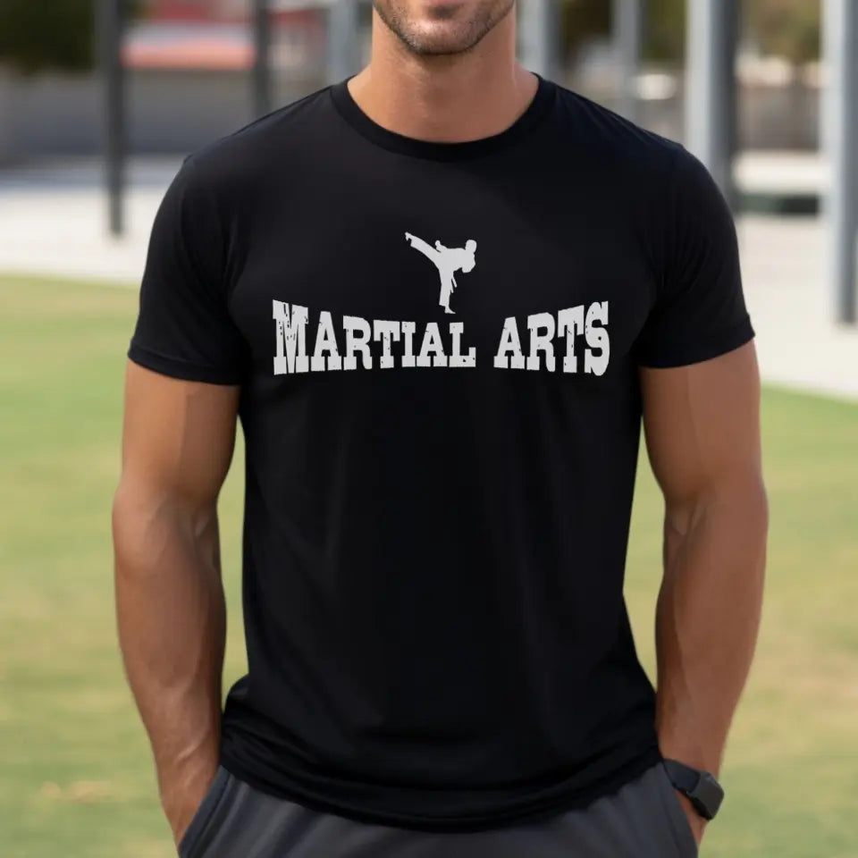 basic martial arts with martial artist icon on a mens t-shirt with a white graphic