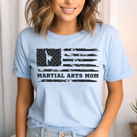 martial arts mom horizontal flag on a unisex t-shirt with a black graphic