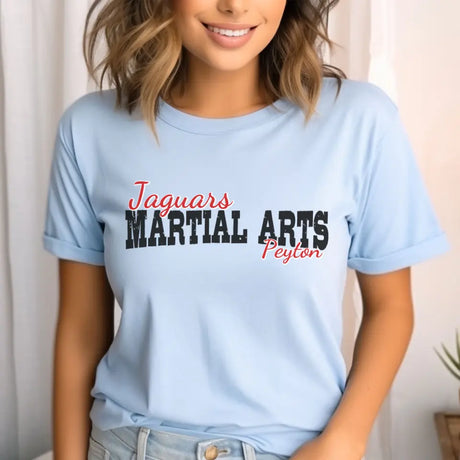 custom martial arts mascot and martial artist name on a unisex t-shirt with a black graphic