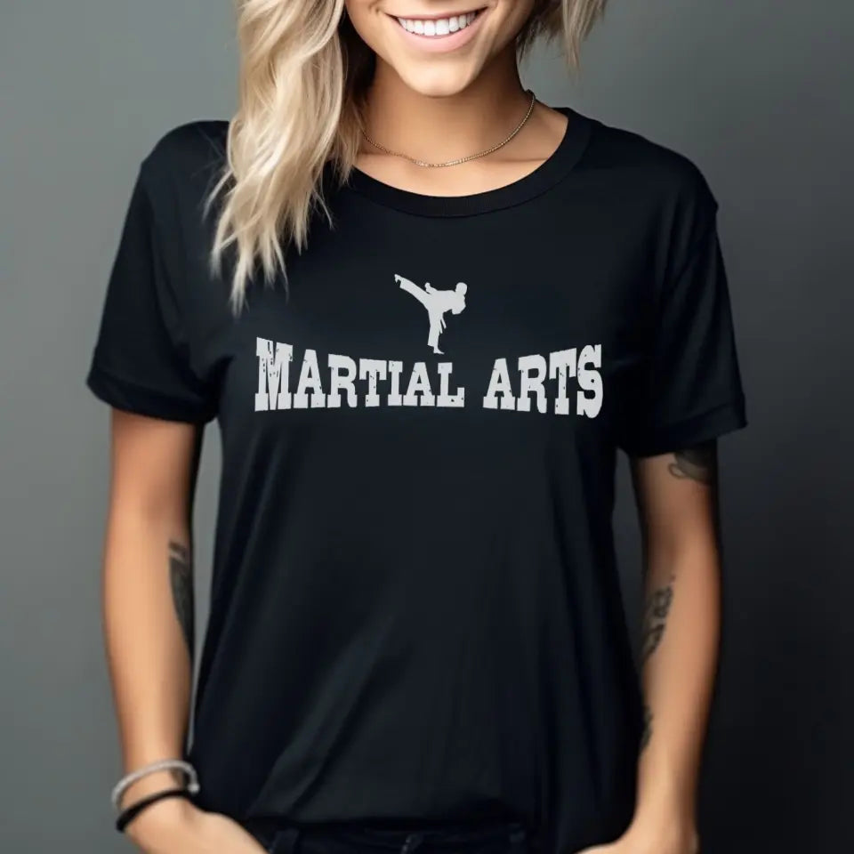 basic martial arts with martial artist icon on a unisex t-shirt with a white graphic