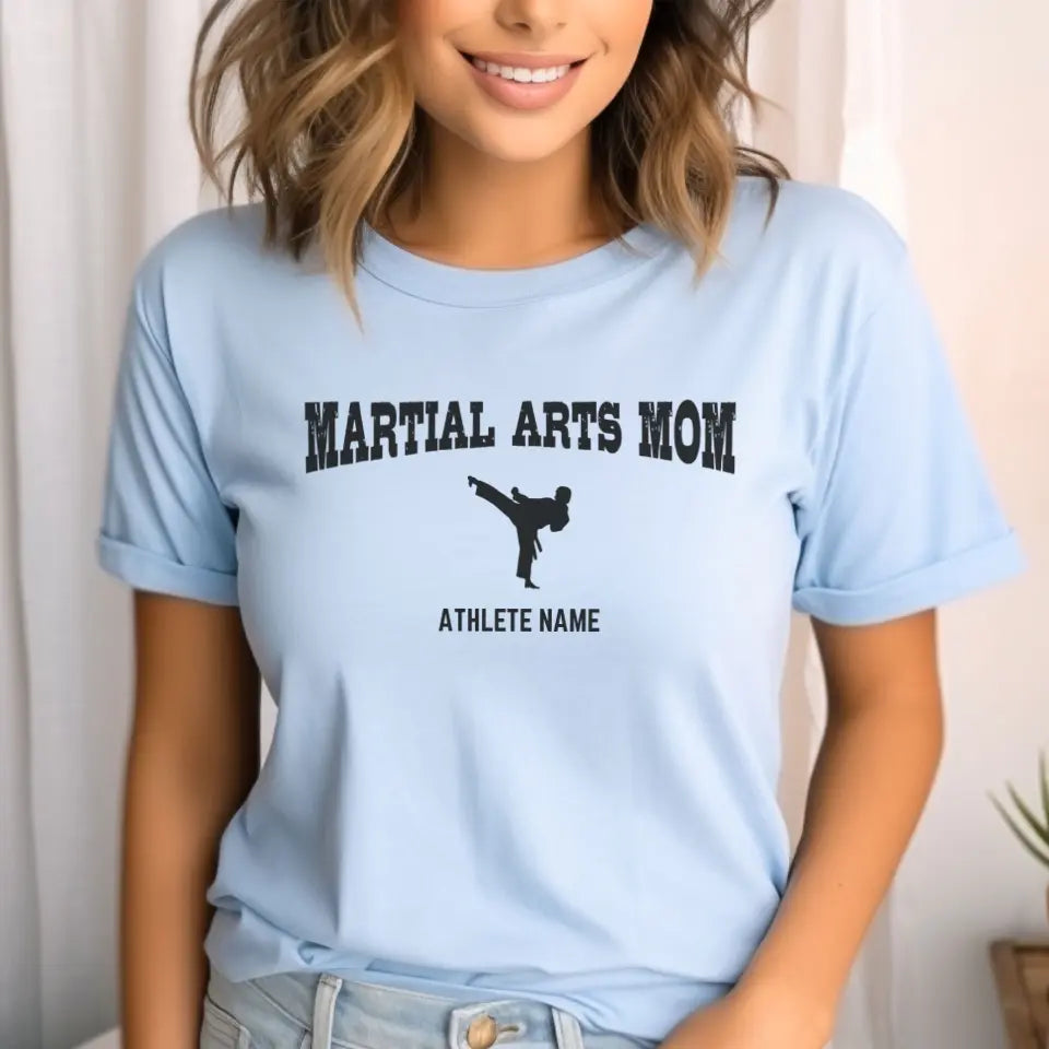 martial arts mom with martial artist icon and martial artist name on a unisex t-shirt with a black graphic