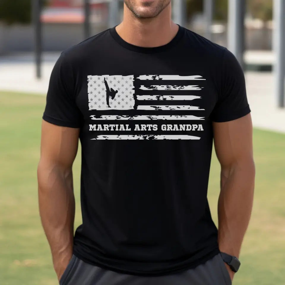 martial arts grandpa horizontal flag on a mens t-shirt with a white graphic