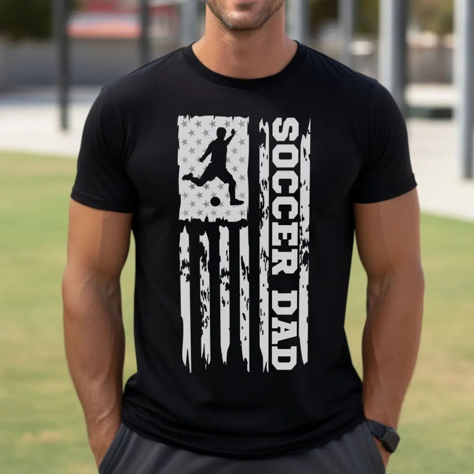soccer dad vertical flag on a mens t-shirt with a white graphic