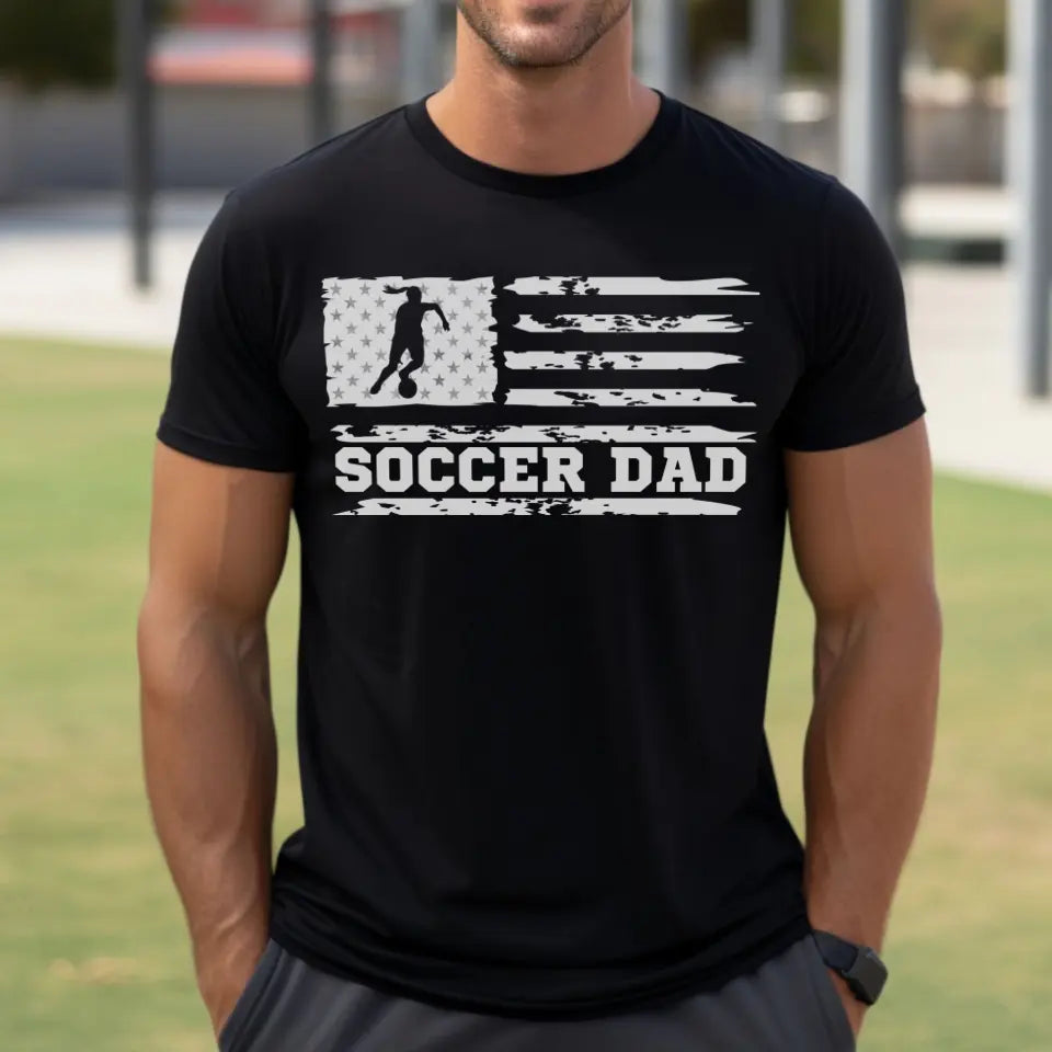 soccer dad horizontal flag on a mens t-shirt with a white graphic