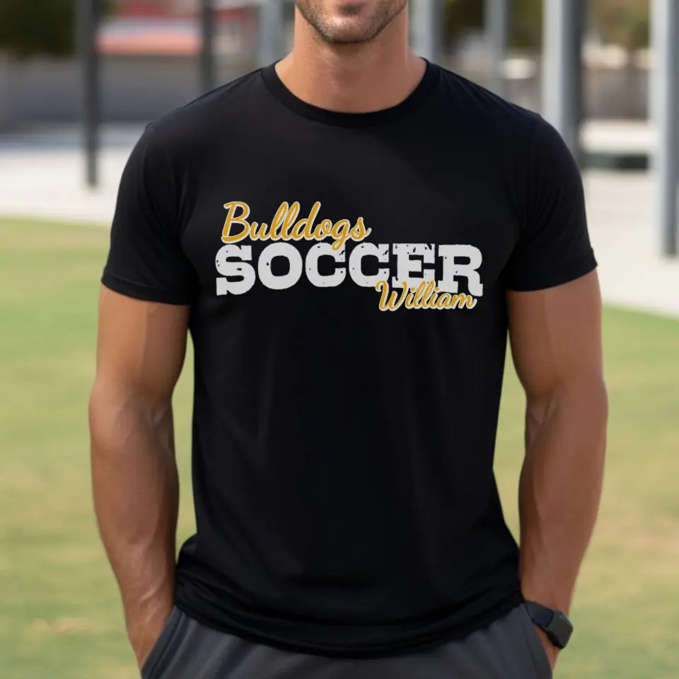 custom soccer mascot and soccer player name on a mens t-shirt with a white graphic
