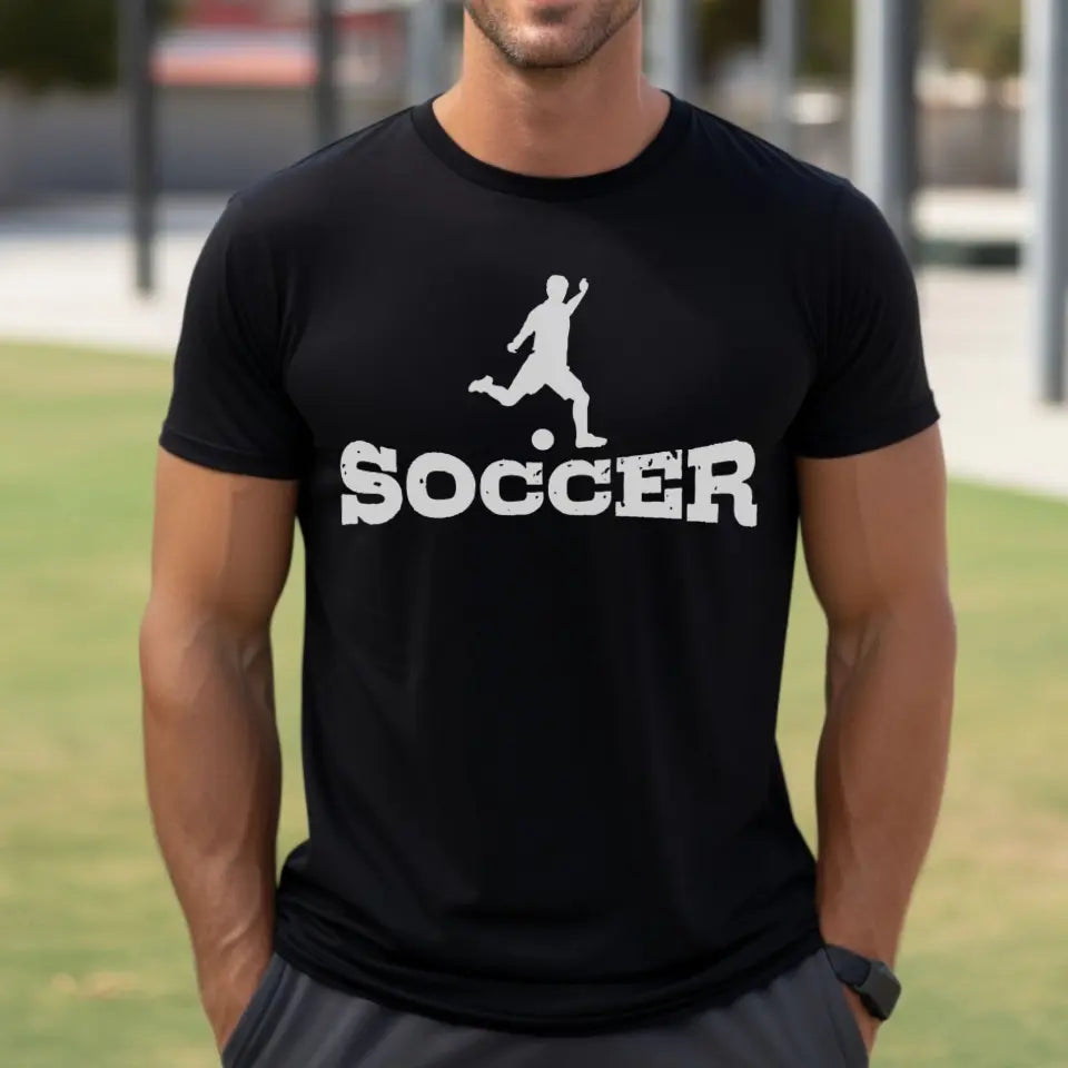 basic soccer with soccer player icon on a mens t-shirt with a white graphic