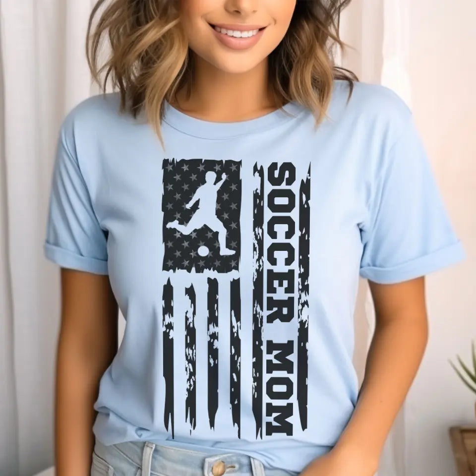 soccer mom vertical flag on a unisex t-shirt with a black graphic
