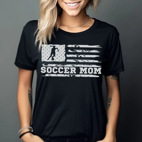 soccer mom horizontal flag on a unisex t-shirt with a white graphic