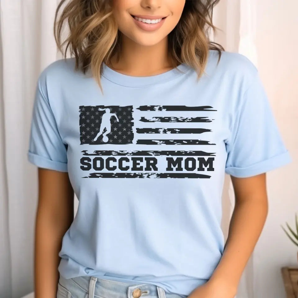 soccer mom horizontal flag on a unisex t-shirt with a black graphic