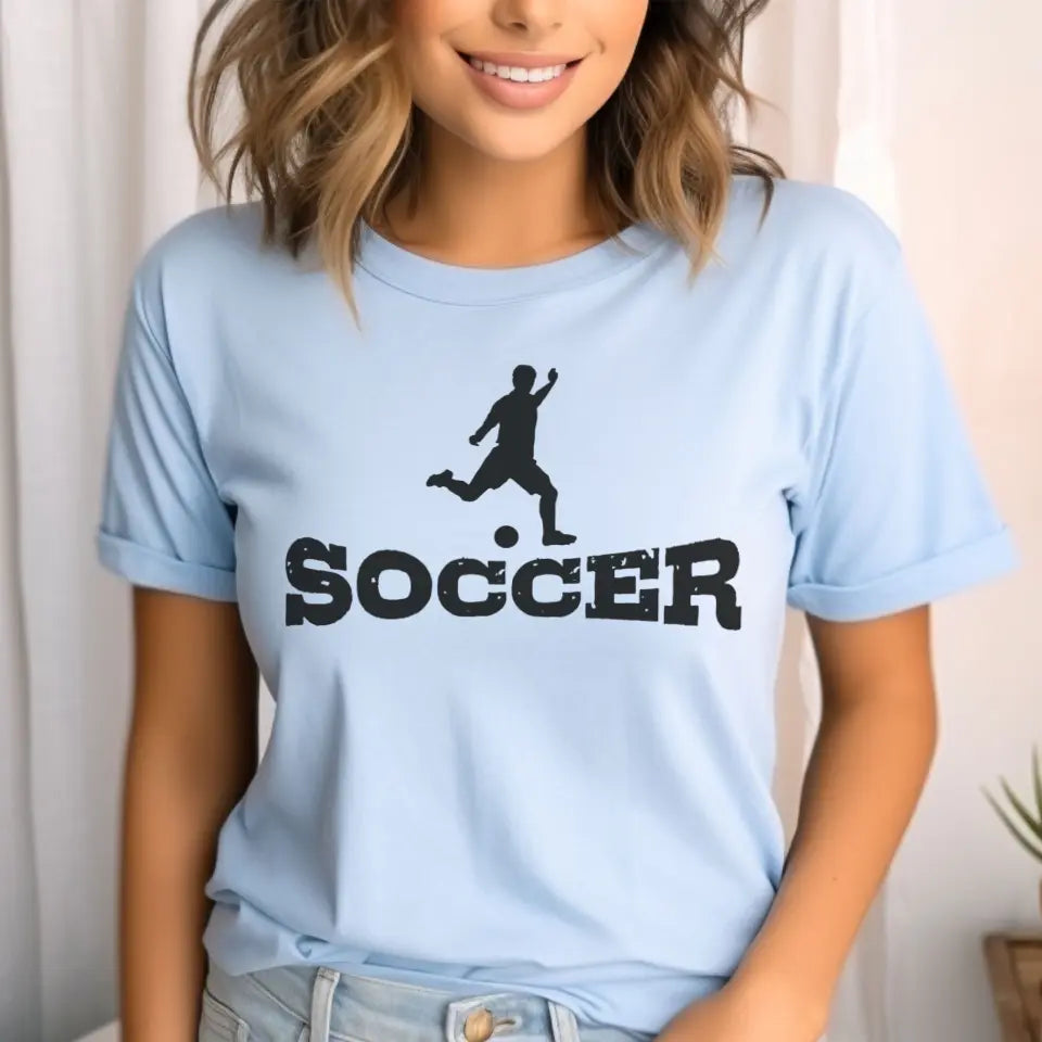 basic soccer with soccer player icon on a unisex t-shirt with a black graphic