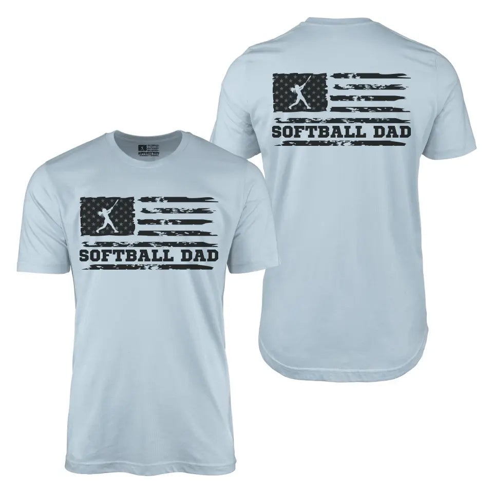 softball dad horizontal flag with softball player name on a mens t-shirt with a black graphic