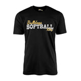 custom softball mascot and softball player name on a mens t-shirt with a white graphic