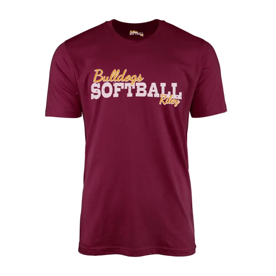 custom softball mascot and softball player name on a mens t-shirt with a white graphic