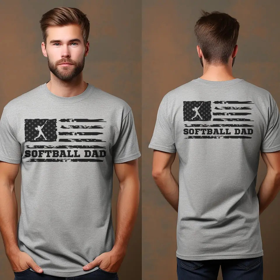 softball dad horizontal flag with softball player name on a mens t-shirt with a black graphic