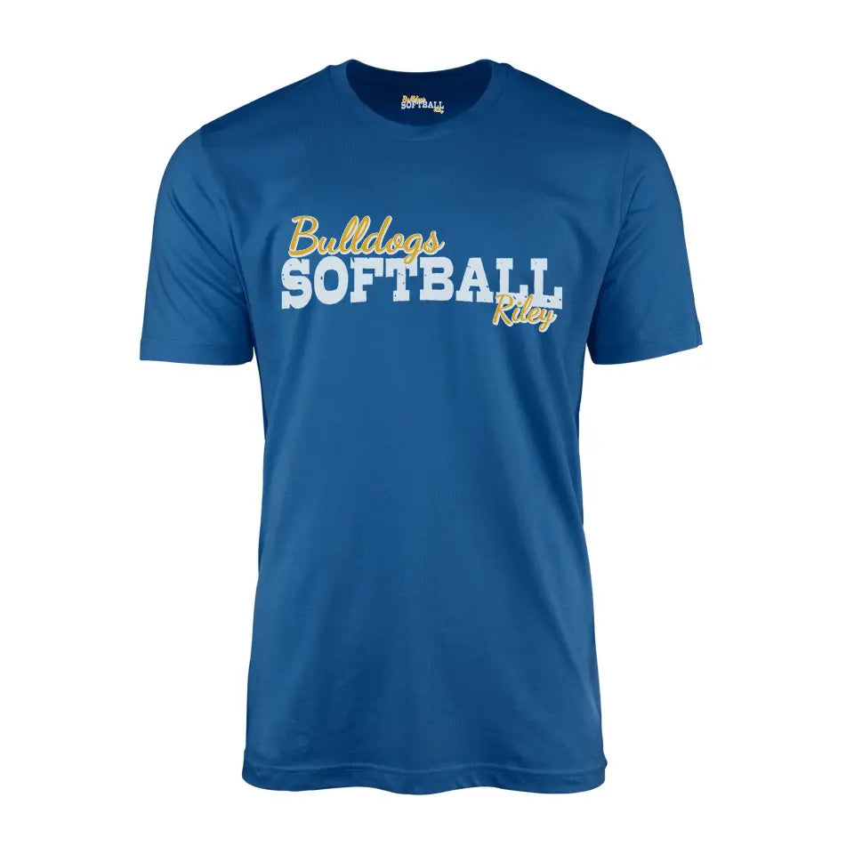 custom softball mascot and softball player name on a mens t-shirt with a white graphic