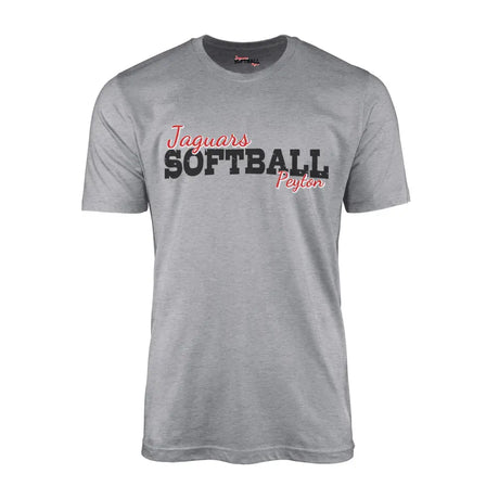 custom softball mascot and softball player name on a mens t-shirt with a black graphic