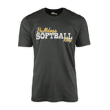 custom softball mascot and softball player name on a mens t-shirt with a white graphic