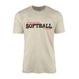 custom softball mascot and softball player name on a mens t-shirt with a black graphic