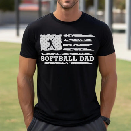 softball dad horizontal flag on a mens t-shirt with a white graphic