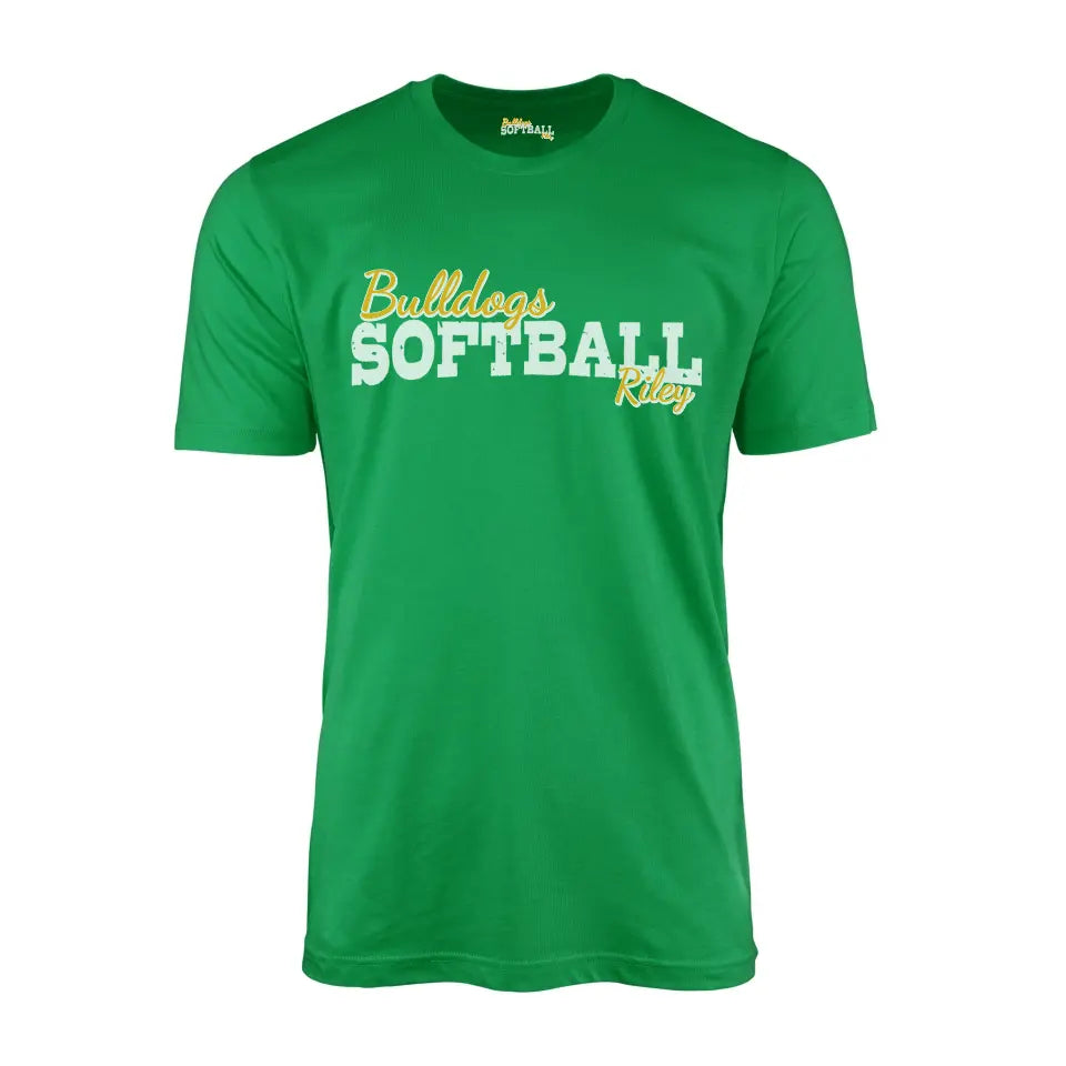 custom softball mascot and softball player name on a mens t-shirt with a white graphic