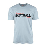 custom softball mascot and softball player name on a mens t-shirt with a black graphic