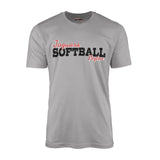 custom softball mascot and softball player name on a mens t-shirt with a black graphic