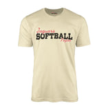 custom softball mascot and softball player name on a mens t-shirt with a black graphic