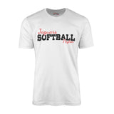 custom softball mascot and softball player name on a mens t-shirt with a black graphic