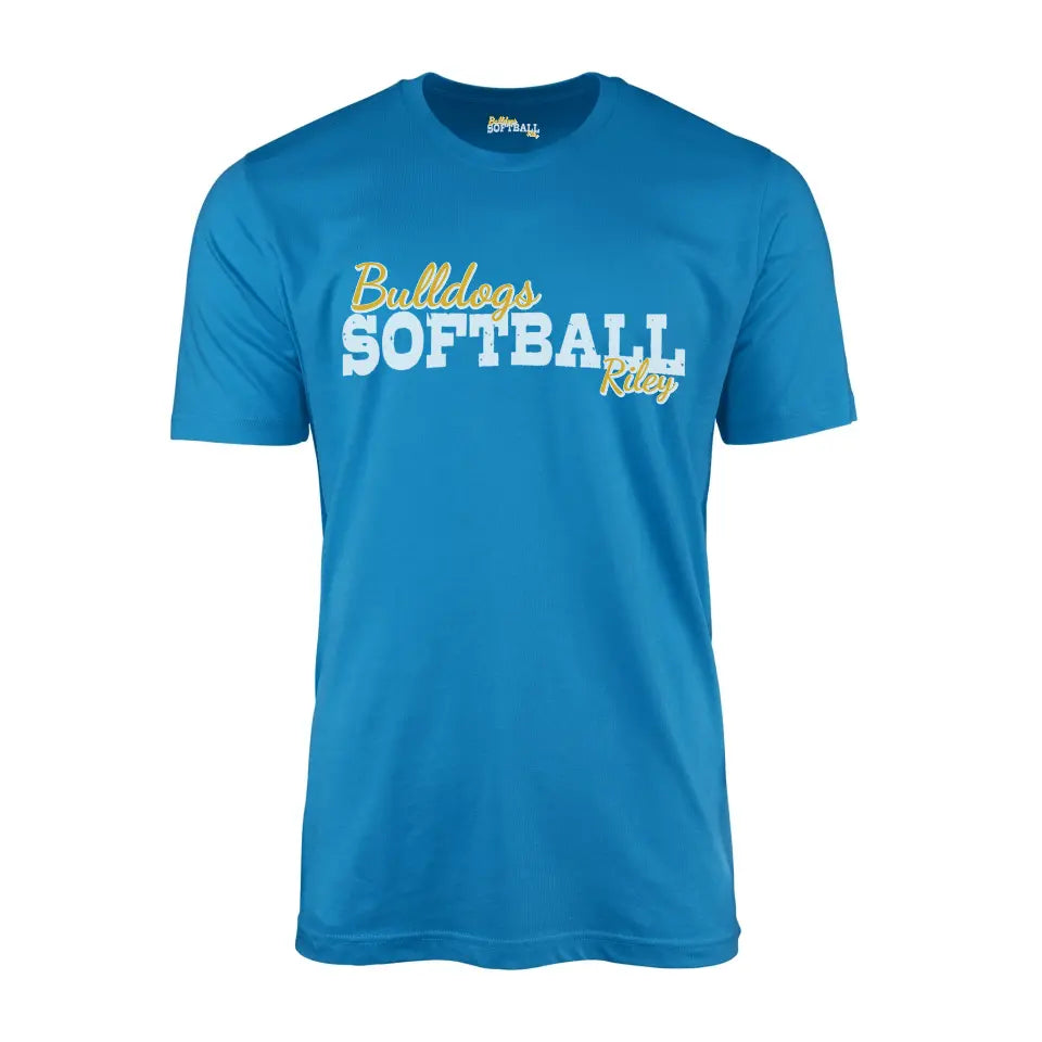 custom softball mascot and softball player name on a mens t-shirt with a white graphic