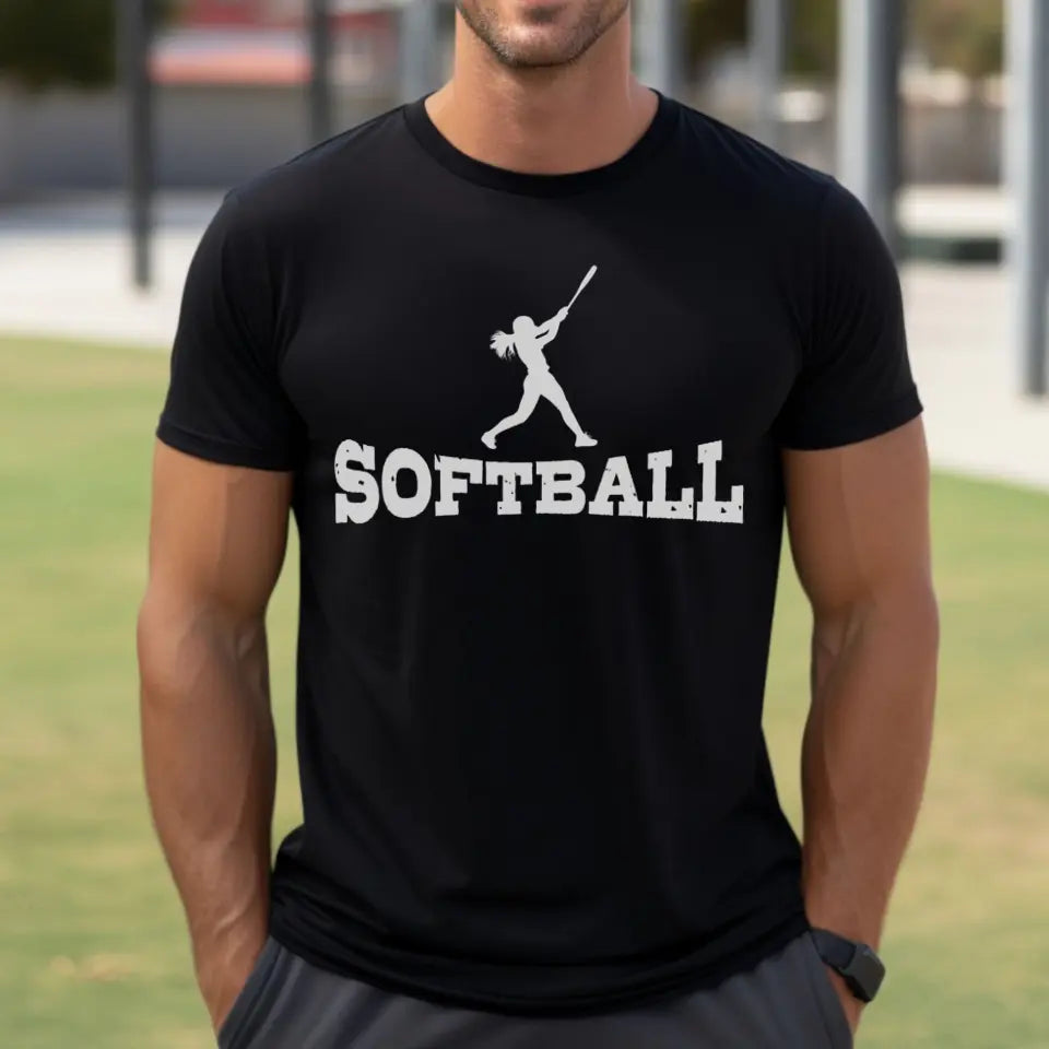 basic softball with softball player icon on a mens t-shirt with a white graphic