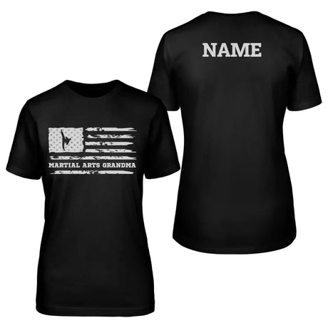 martial arts grandma horizontal flag with martial artist name on a unisex t-shirt with a white graphic