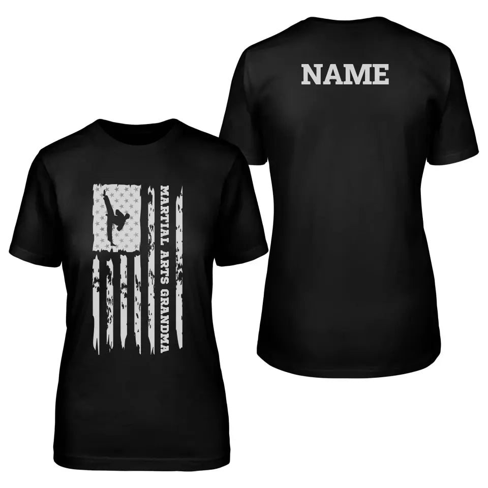 martial arts grandma vertical flag with martial artist name on a unisex t-shirt with a white graphic