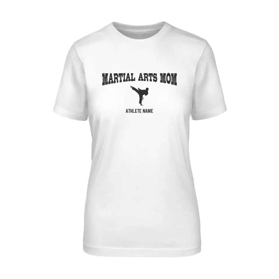 martial arts mom with martial artist icon and martial artist name on a unisex t-shirt with a black graphic