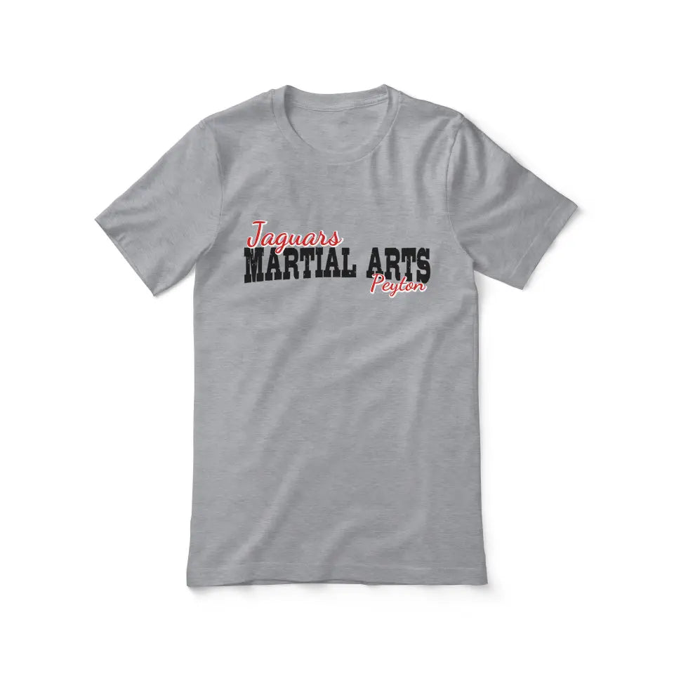 custom martial arts mascot and martial artist name on a unisex t-shirt with a black graphic