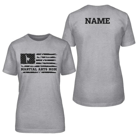 martial arts mom horizontal flag with martial artist name on a unisex t-shirt with a black graphic