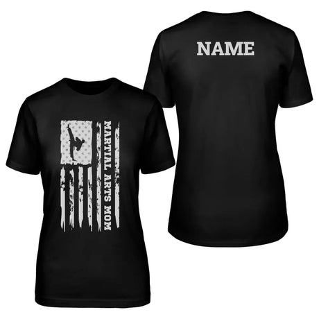 martial arts mom vertical flag with martial artist name on a unisex t-shirt with a white graphic