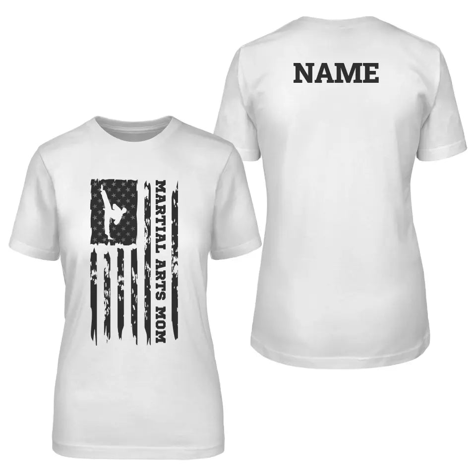 martial arts mom vertical flag with martial artist name on a unisex t-shirt with a black graphic