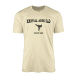 martial arts dad with martial artist icon and martial artist name on a mens t-shirt with a black graphic